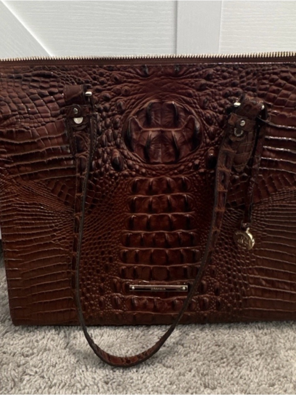Brahmin Croc-Embossed Leather Tote in Dark Brown